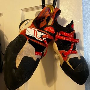 Woman rock climbing shoes